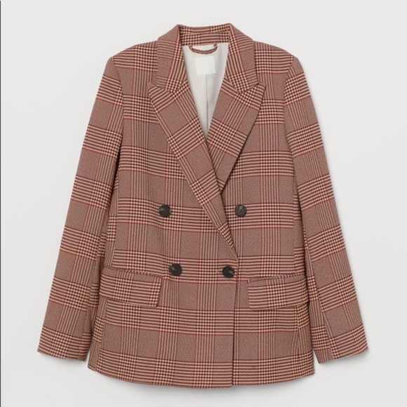 H&M Houndstooth Plaid Blazer Jacket Burgundy Orange 16 Plus Size Blazer